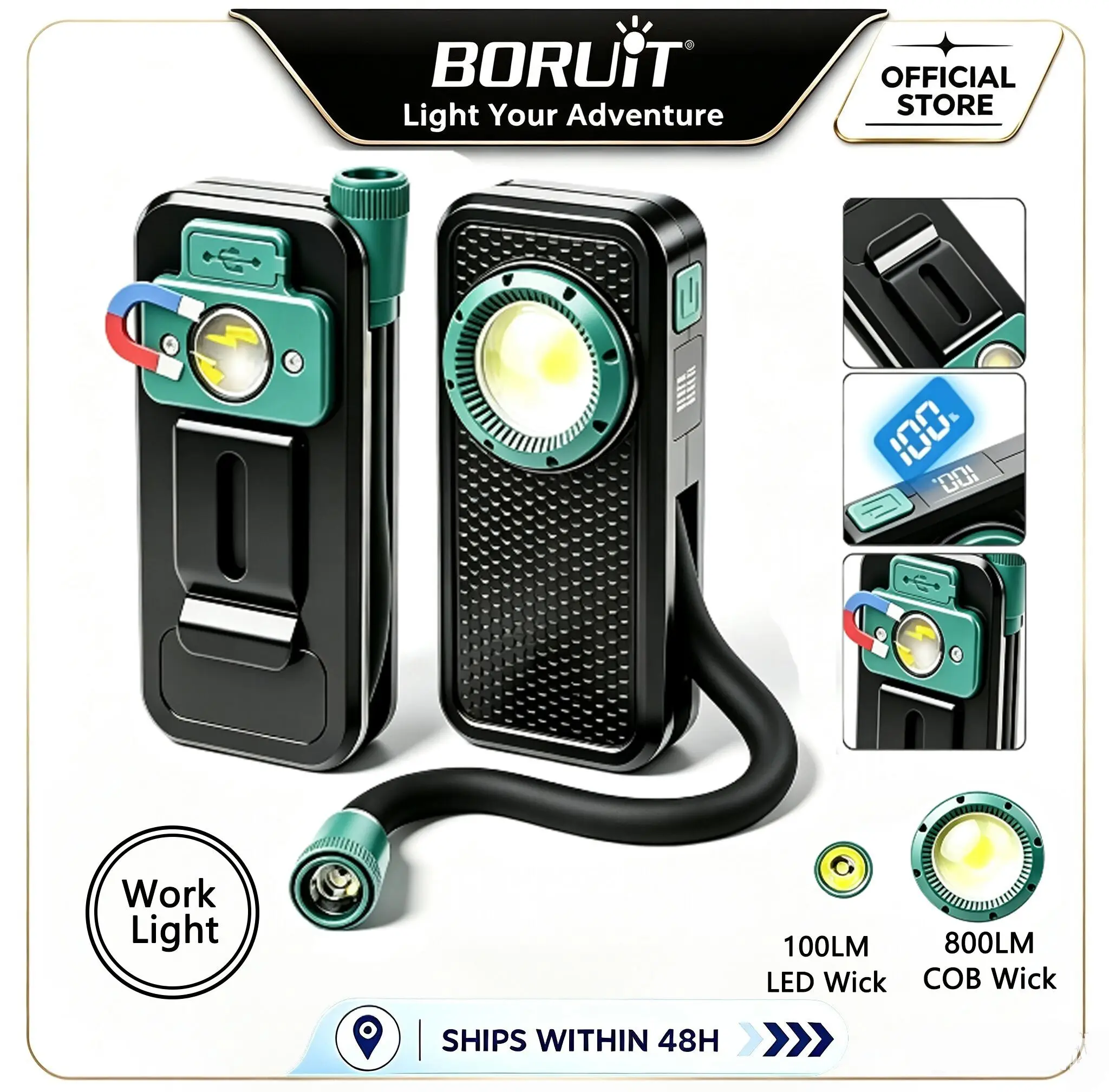 BORUiT G41 LED 800LM Magnetic Clip Torch Type-C Rechargeable Dual Source Inspection Work Light Waterproof Mechanic Work Lamp