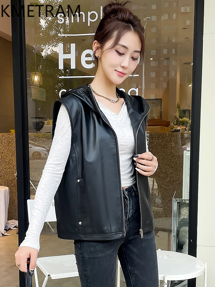 100% Top Layer Sheepskin Waistcoat Woman Casual Sleeveless Real Leather Jacket with Hood Fall Clothes 2025 Women veste femme