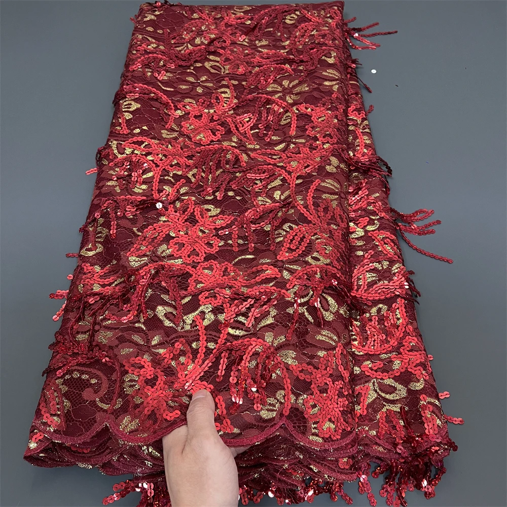 2025 High Quality African Nigerian With Tulle Lace Fabric Sequins Embroidery Dresses Beads Sewing Guipure Prom  5Yards PS0072