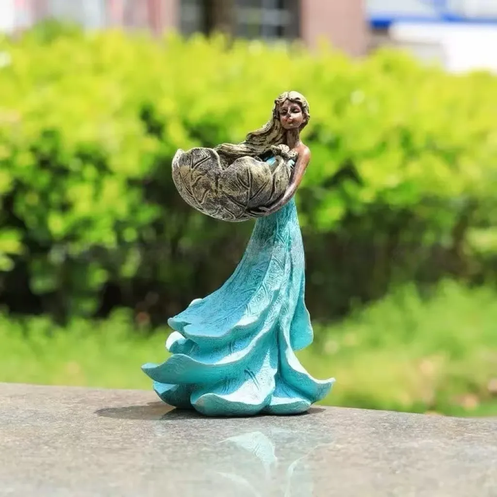 New Blue Fairy Girls Resin Bird Feeder Statue Elegant Female For Outdoor Garden Decoration Holiday Ornaments Sculpture