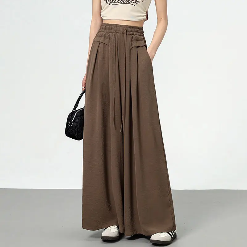 Simple Oversized Wide Leg Pants Women Solid Elastic High Waist Summer Thin Straight Casual Trousers