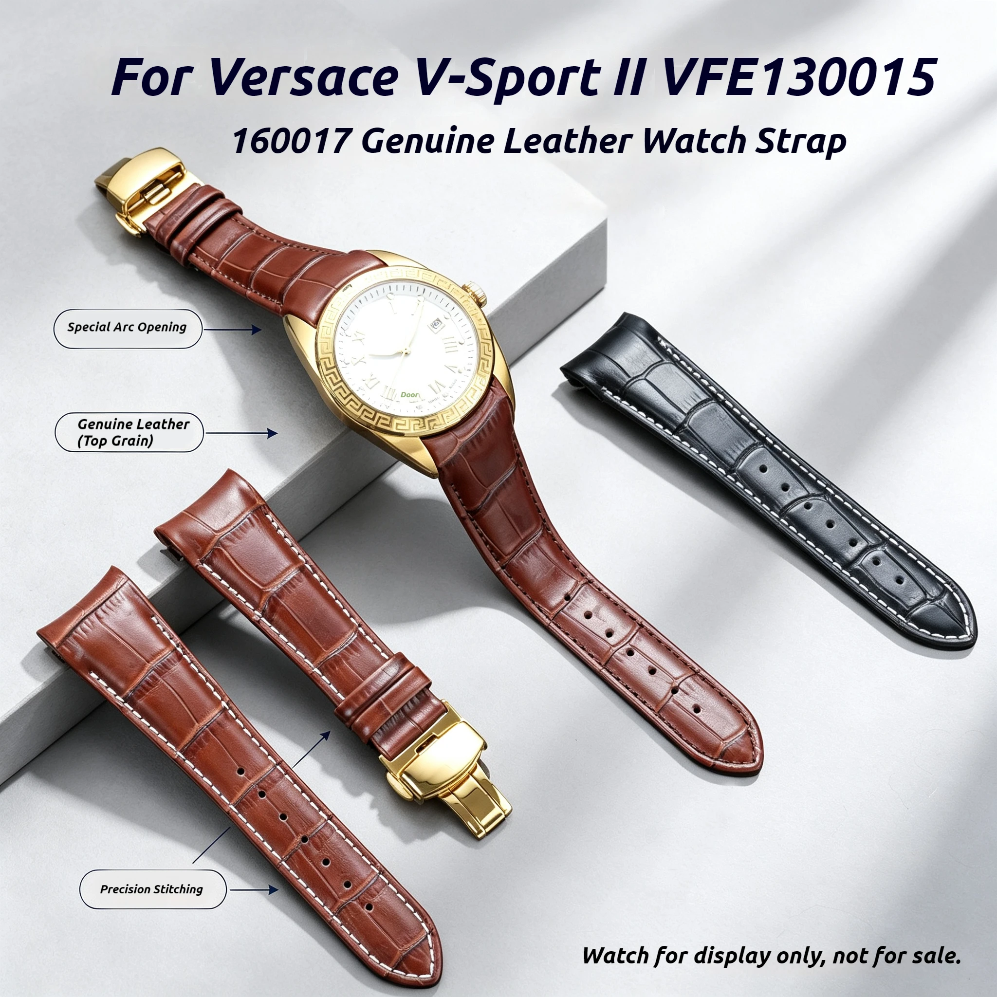 For Versace V-SportII VFE130015 VFE160017 Watch Strap Top Layer Cowhide Leather Watch Band with Butterfly Buckle Curved Strap