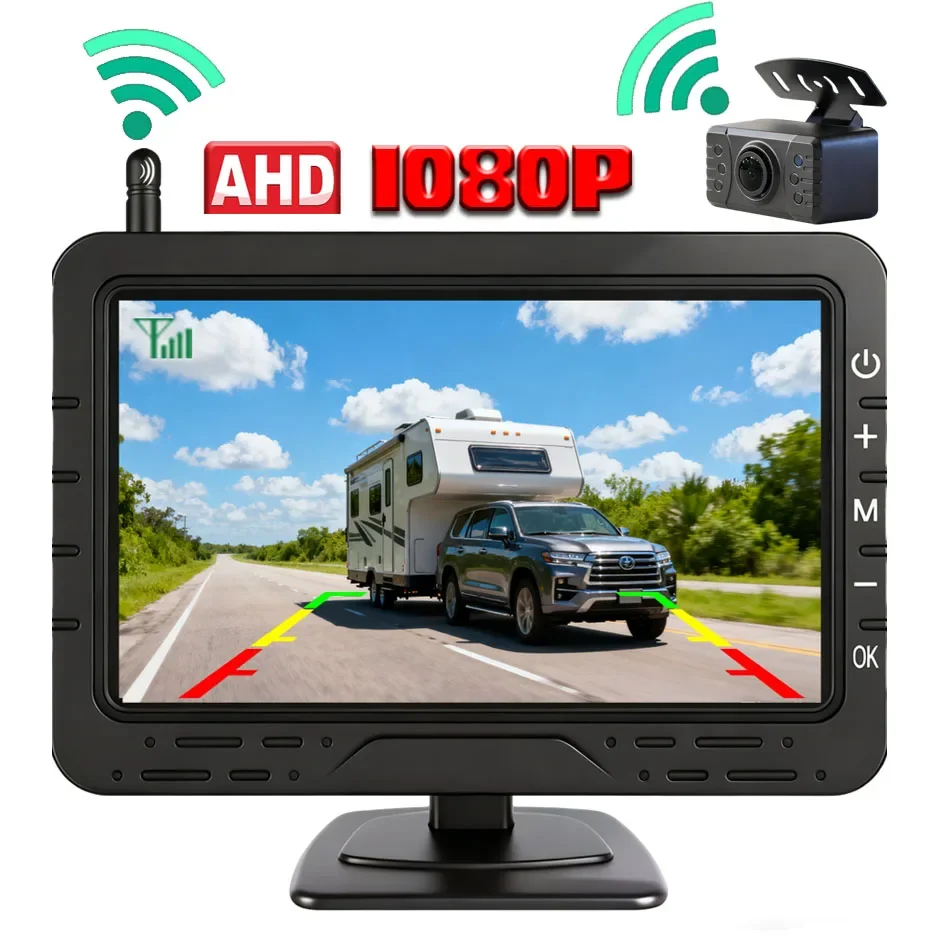 Wireless 4.3 Inch Car Parking Monitor AHD1080P IR Reverse Backup Camera for Vehitle Pickups/RV/Trailer/Camper Car Easy Install