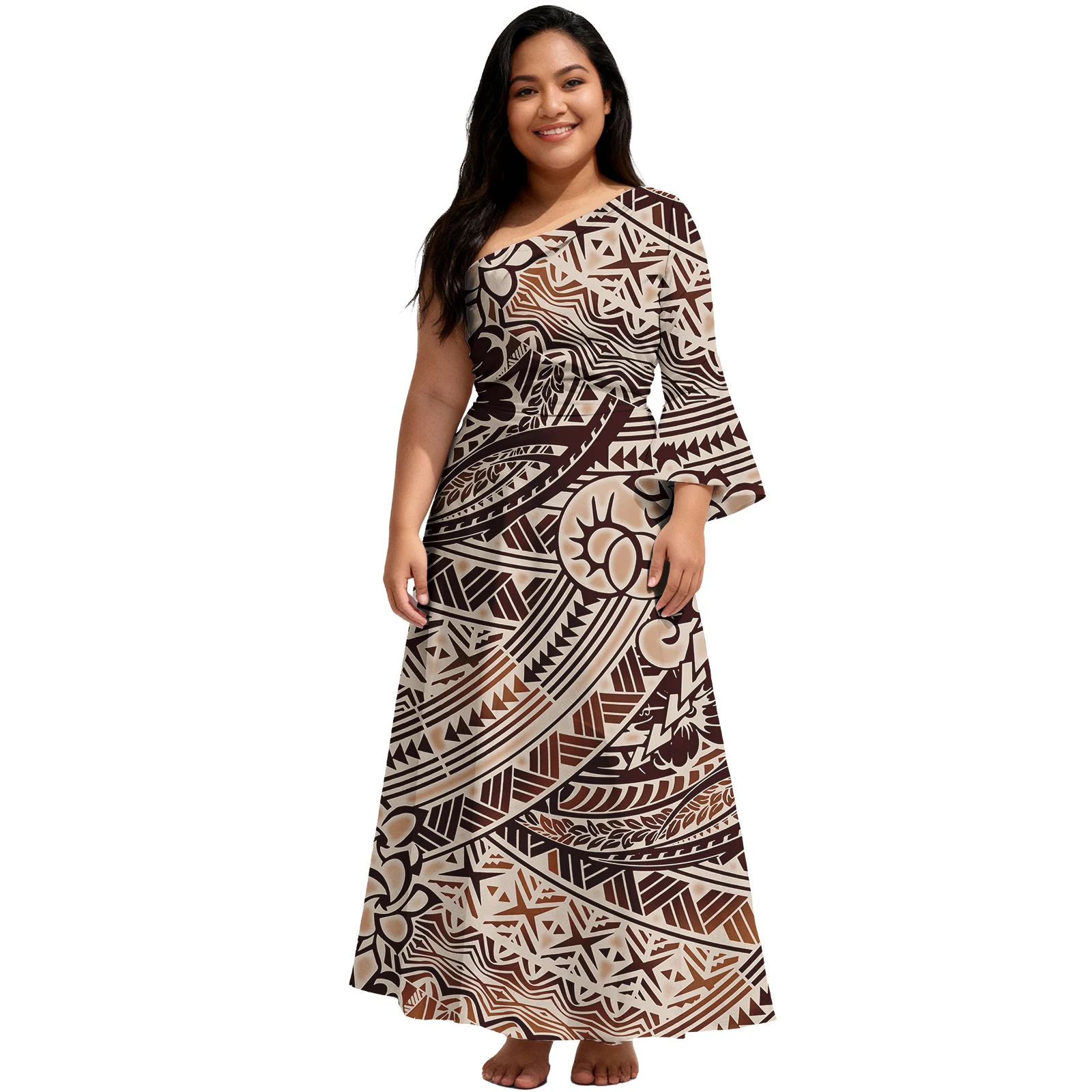 ハワイの花柄プリントカスタムブティック婦人服サモア風エレガントなレディースロングドレスポリネシア風パーティー婦人アロハドレス