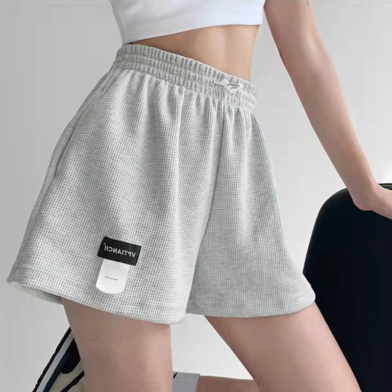 Calção esportiva de cintura alta feminina, calça solta, casual, elástico na cintura, calça quente, monocromática, roupa de casa feminina, verão, 2022