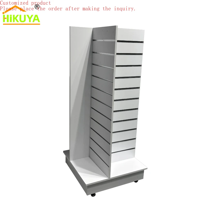 

Custom.HIKUYA MDF Rotated Slatwall Display Stand With Metal 4 Side Rotating Display Stand Gondola Shelving for Shopping Store