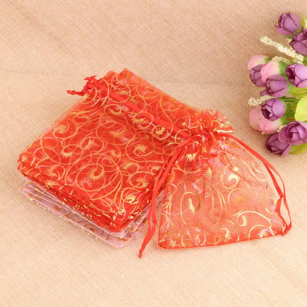 50pcs/lot 7*9cm Gold Eyelash Print Organza Pouch Wedding Party Gift Bag Jewelry Bag