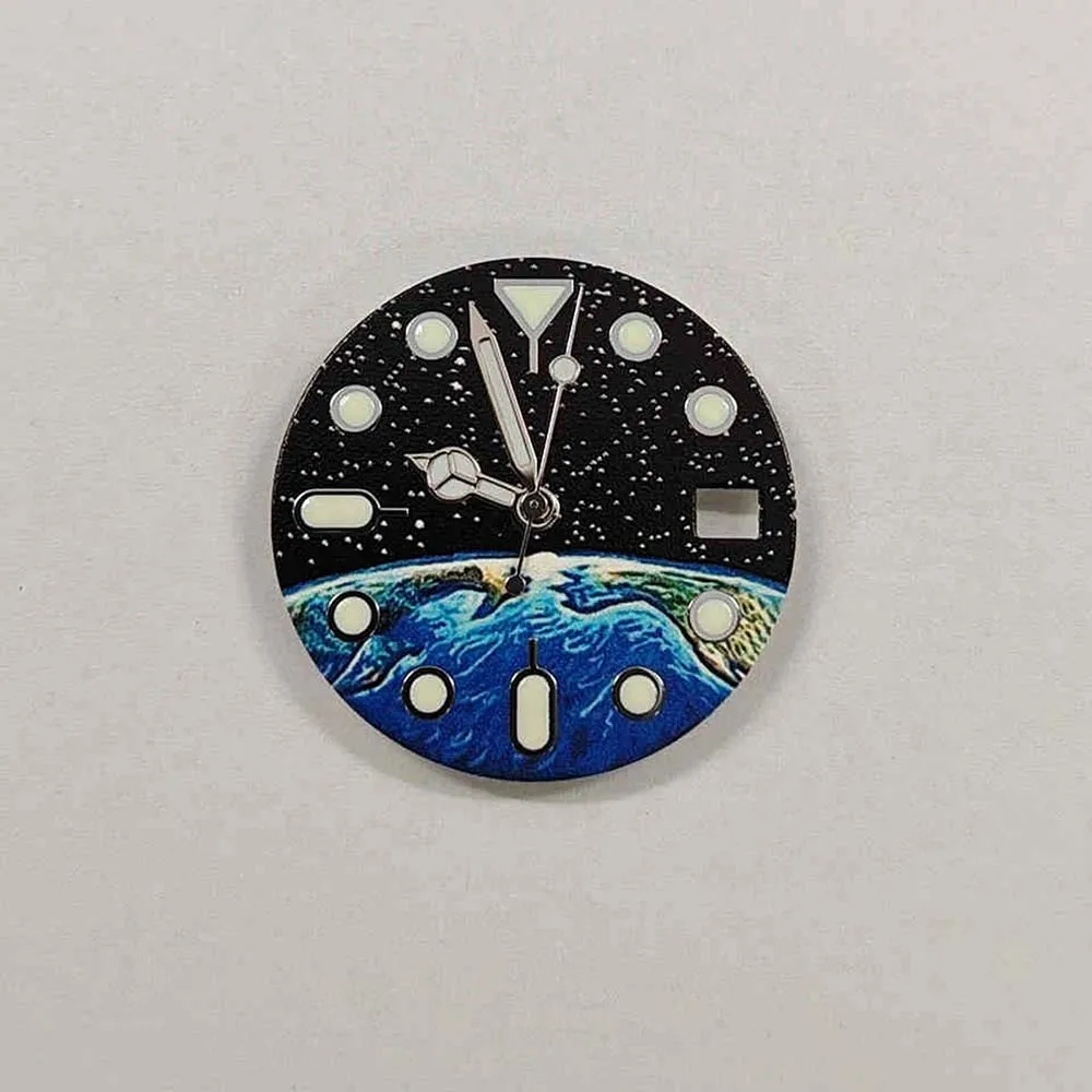 قرص NH35 28.5 ملم، وجوه ساعة بنمط السماء المرصعة بالنجوم الأرضية الخضراء المضيئة + عقارب الساعة، لساعة الحركة NH35 NH36 4R 7S