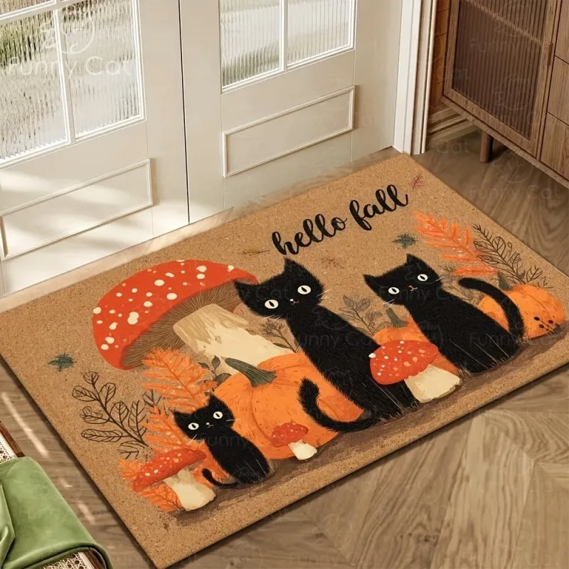 Hello Fall Black Cat Pumpkin Coconut Fiber Door Mat Autumn Seasonal Design Non-Slip Washable Entrance Rug