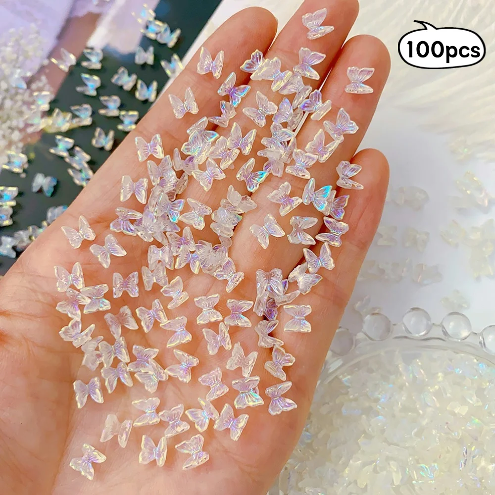 100 Uds 6*6mm 3D Aurora arco piezas de Arte de uñas encantos a granel brillante Mini resina mariposa uñas diamantes de imitación DIY Bowknot decoración de uñas #