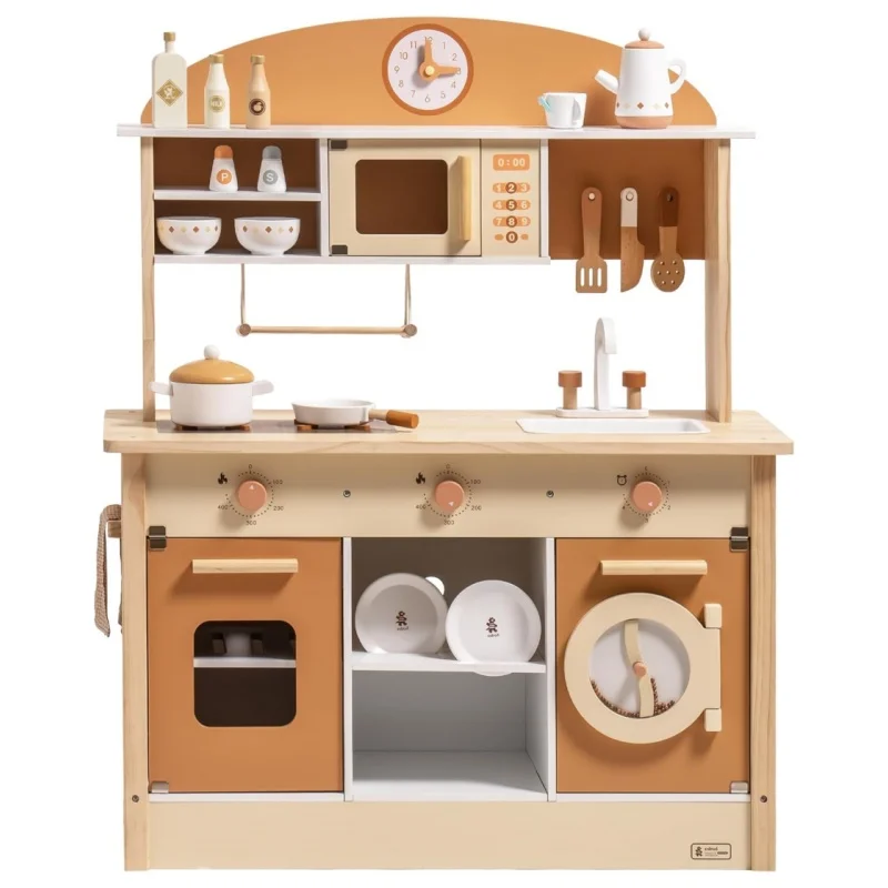 Rubud Wooden Play Kitchen with Realistic Accessories Toy Kitchen Set with Play Features Modern Style Toy Kitchen for Girls Boys