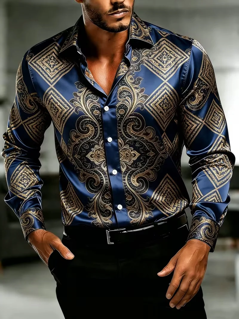 New Half Wave Dot Shirt with Blue Mirror Satin and White Dot Splicing Art for Men's Long Sleeve Shirt Clothing