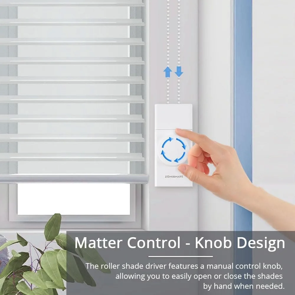 Zemismart Matter Thread Smart Roller Shade Driver Knob Control Adjustable Speed Battery Powered Work with Home App SmartThings