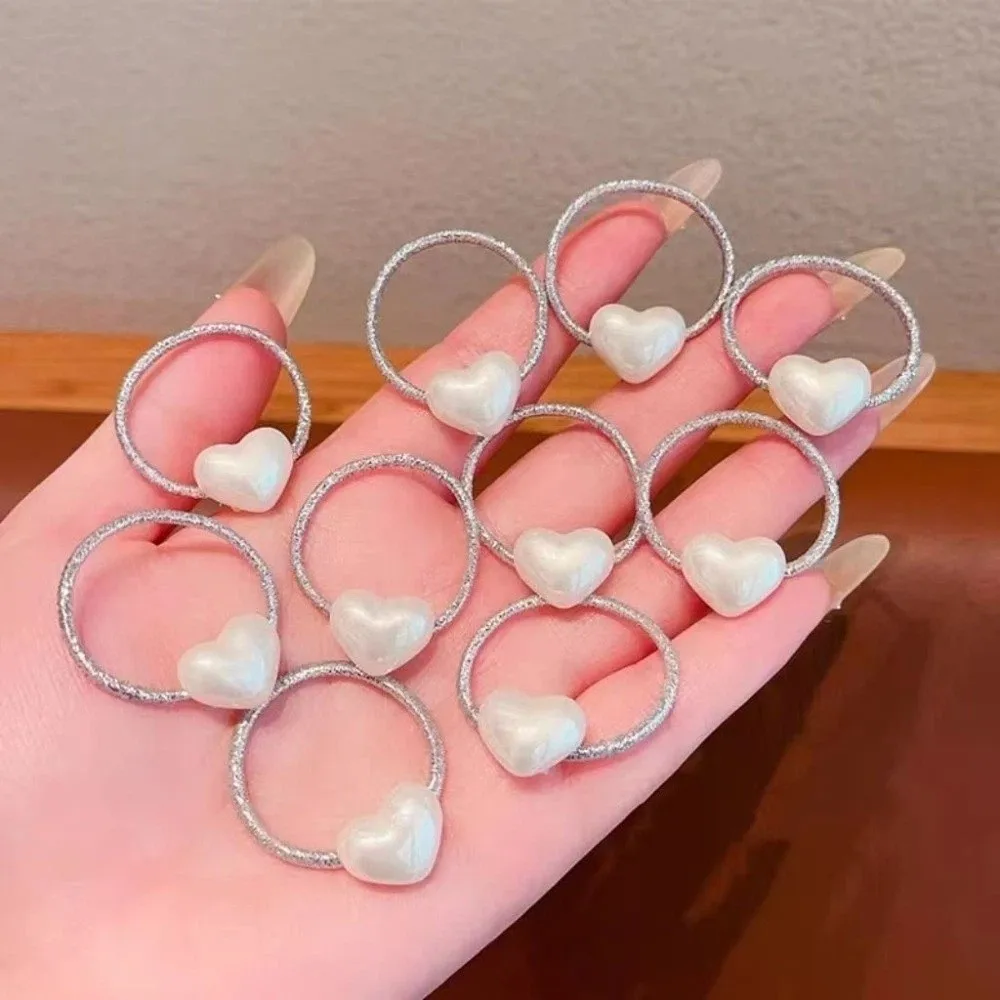10pcs Gold White Children's Headband Set No Harm Heart Shaped Elastic Hair Tie Ponytail Holder Rubber Band