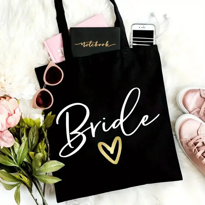 Modern Bride Script Canvas Tote Bag - Aesthetic Black Reusable Shoulder Bag, Durable Canvas Handbag, Perfect Bachelorette Gift