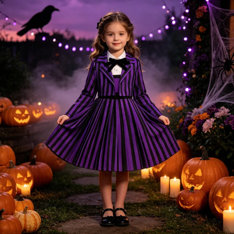 Mädchen Familien-Gothic-Cosplay-Kostüm Mädchen Enid Lila Gestreiftes Kleid + Mantel Uniform-Anzug Karnevalsparty-Kleidung Halloween-Verkleidung