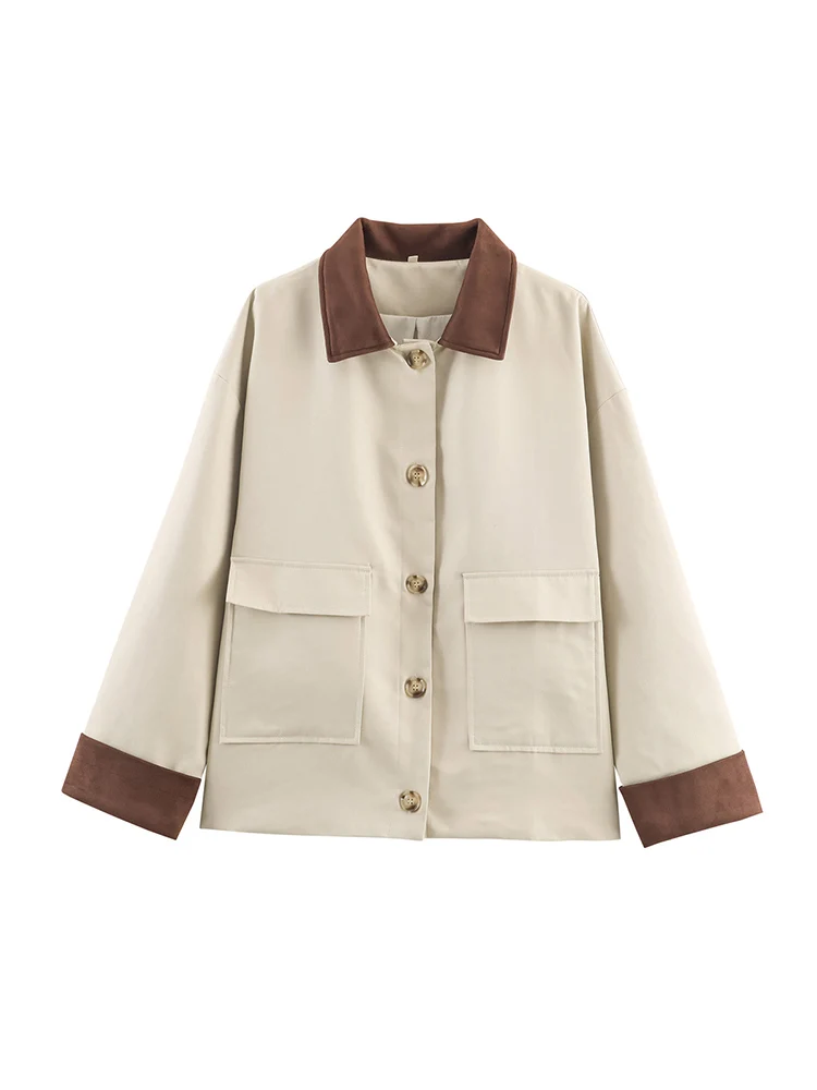 

European style new arrival women's fashion versatile and elegant loose-fitting trench coat jacket with lapel and suede trim.