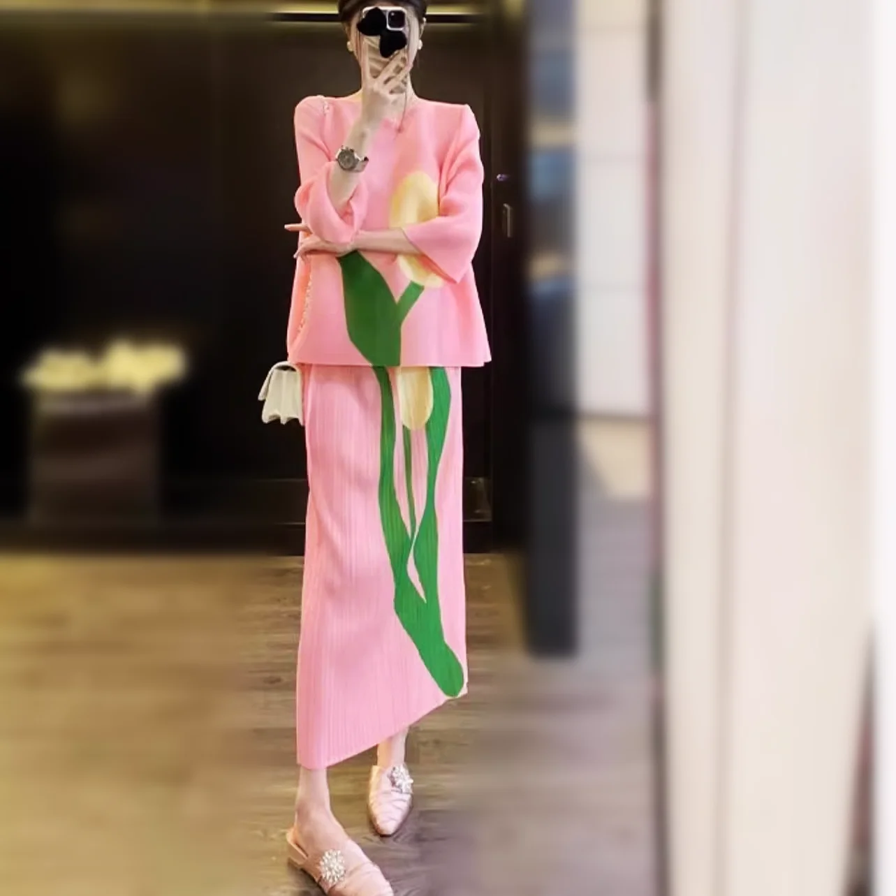 Runway Summer Spring Suit Set Women Elastic Print Pink Tops Blouse Shirts Vintage And Long Pleated Elegant Skirt Suits Set NZ28