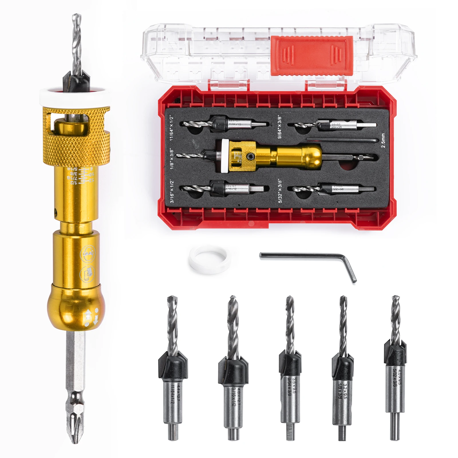 5Pcs Countersink Drill Bit Set with Low Friction Depth Stop HSS M2 Tapered Bits For Precise Countersinking Woodworking