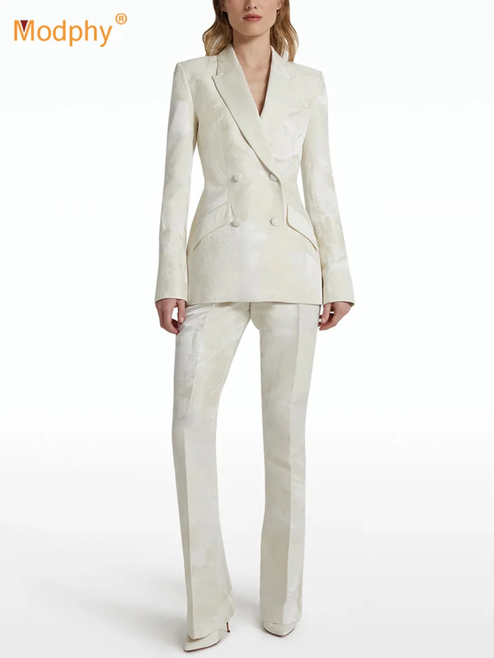 

Modphy 2025 Fashion New Women'S Formal White Jacquard Blazer Pants Two Piece Set Double Breasted Suit Jacket Trousers Outfit