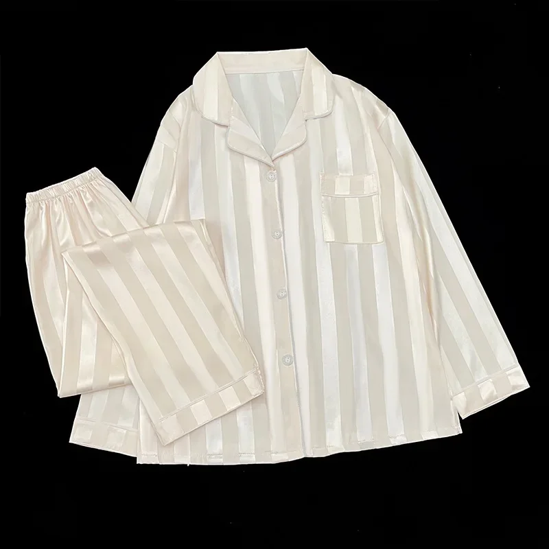 Striped Long Sleeve Pants Pajamas Women Fall and Winter Simple Solid Color Student Loungewear Plus Size Cardigan 2PCS/Set view 4