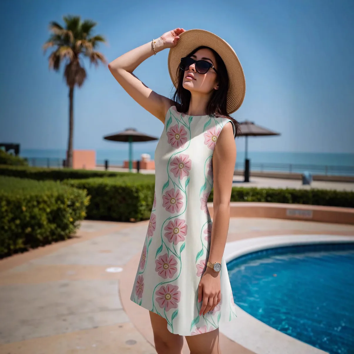 Casual Well-Fitted Printed Short Dress Women Summer Beach Elegant Lady's O Neck Short-Sleeved Thin Straight Knee-Length Dress