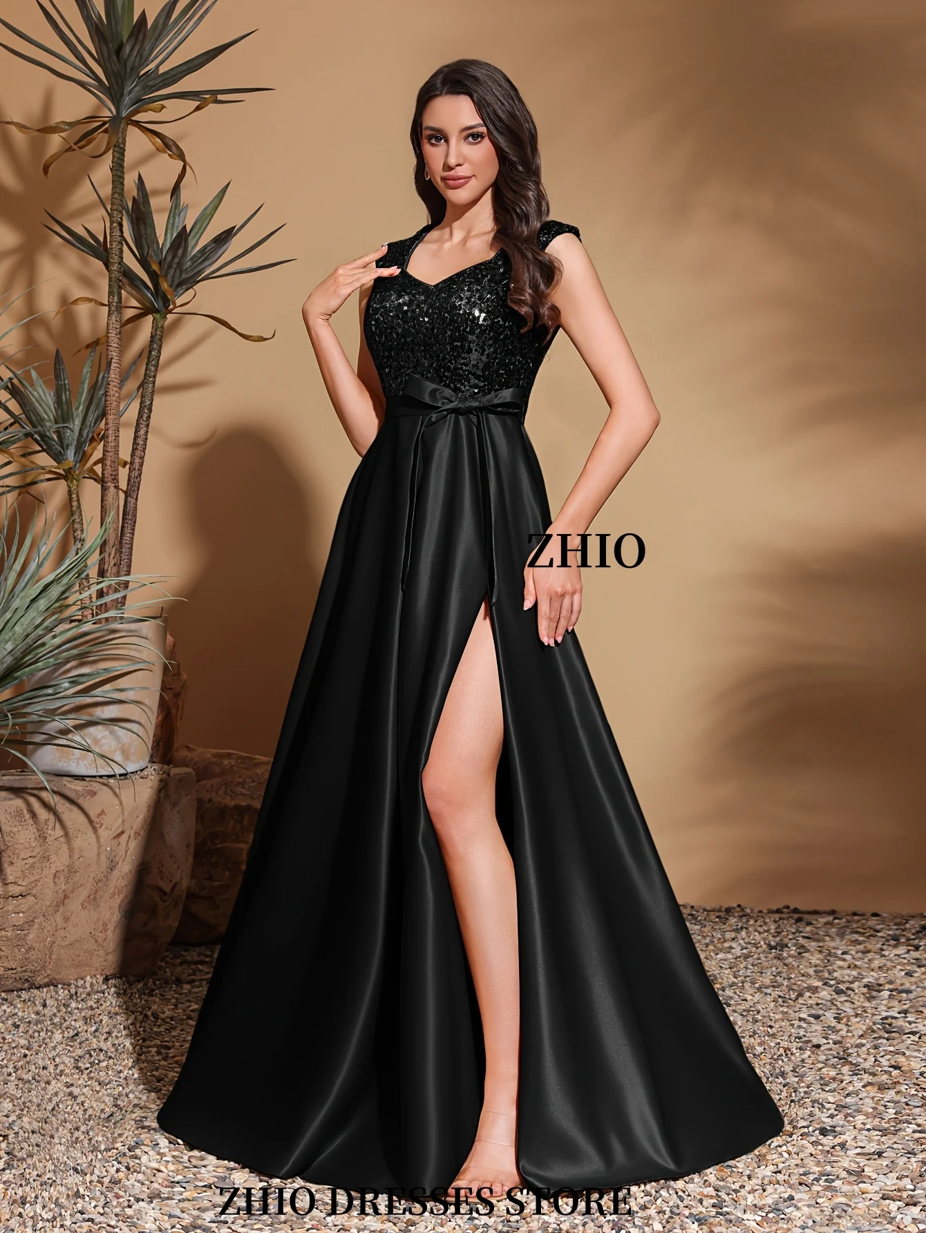 ZHIO женское стильное элегантное черное платье с v-образным вырезом и блестками без рукавов, подходит для свадебной вечеринки, официального мероприятия по индивидуальному заказу