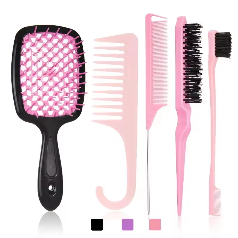 

5 - piece hair comb set, including massage comb, tail comb, rattail comb, edge brush and wide - toothed comb