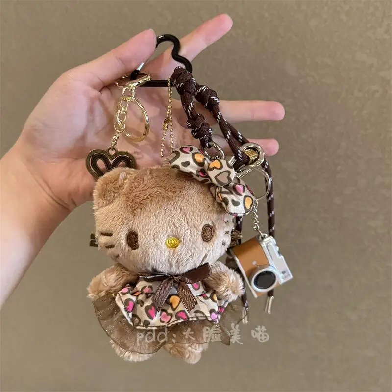 Sanrio Maillard Leopard Print Hello Kitty Plush Toy Cute Bag Pendant Decoration Cartoon Keychain Ornament Gift