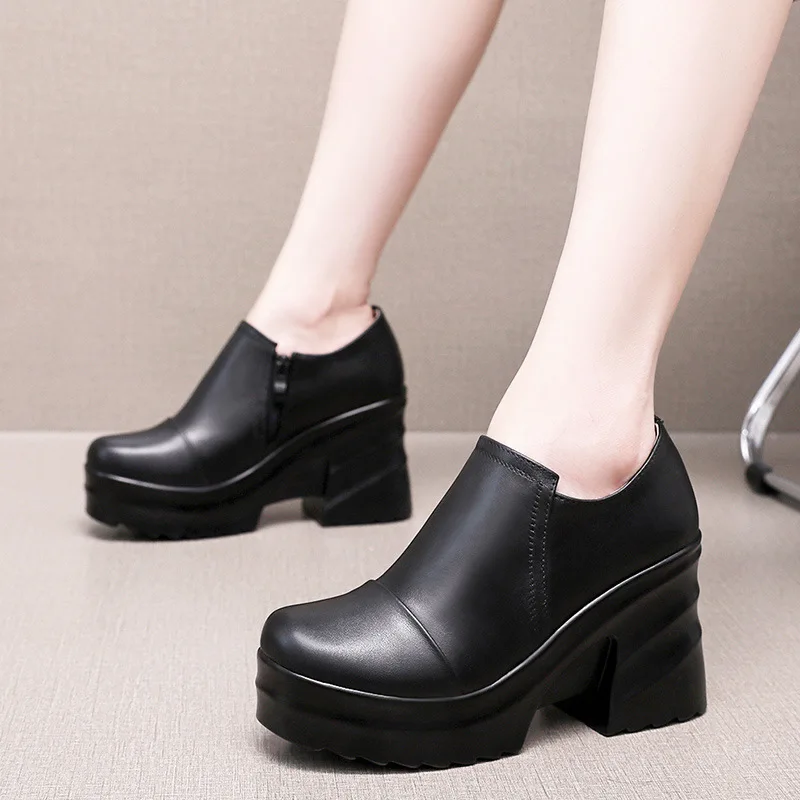 Deep Mouth Round Toe Genuine Leather Shoes High Heels 2025 New Autumn Winter Shoes Platform Increased Shoes Woman Pumps