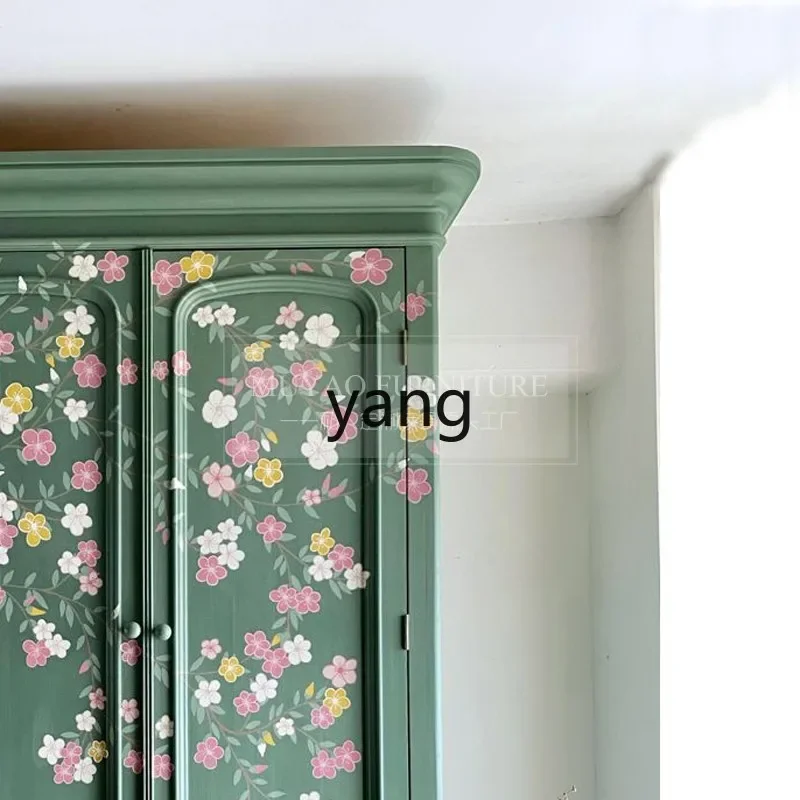 yjq French retro solid wood wardrobe antique two-door hand-painted wardrobe bedroom storage cabinet
