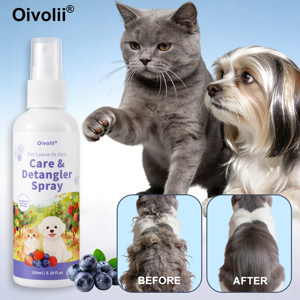 Oivolii Pet Leave-In Hair Care Detangler Spray Sweet Jam Flavor Gentle Formula Instant Smoothness for Cats & Dogs