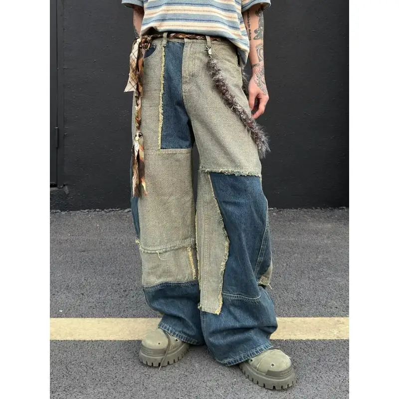 2026 New Retro and Old Color Matching Jeans Loose and Versatile Rough Edge Personalized Straight Wide-leg Trousers