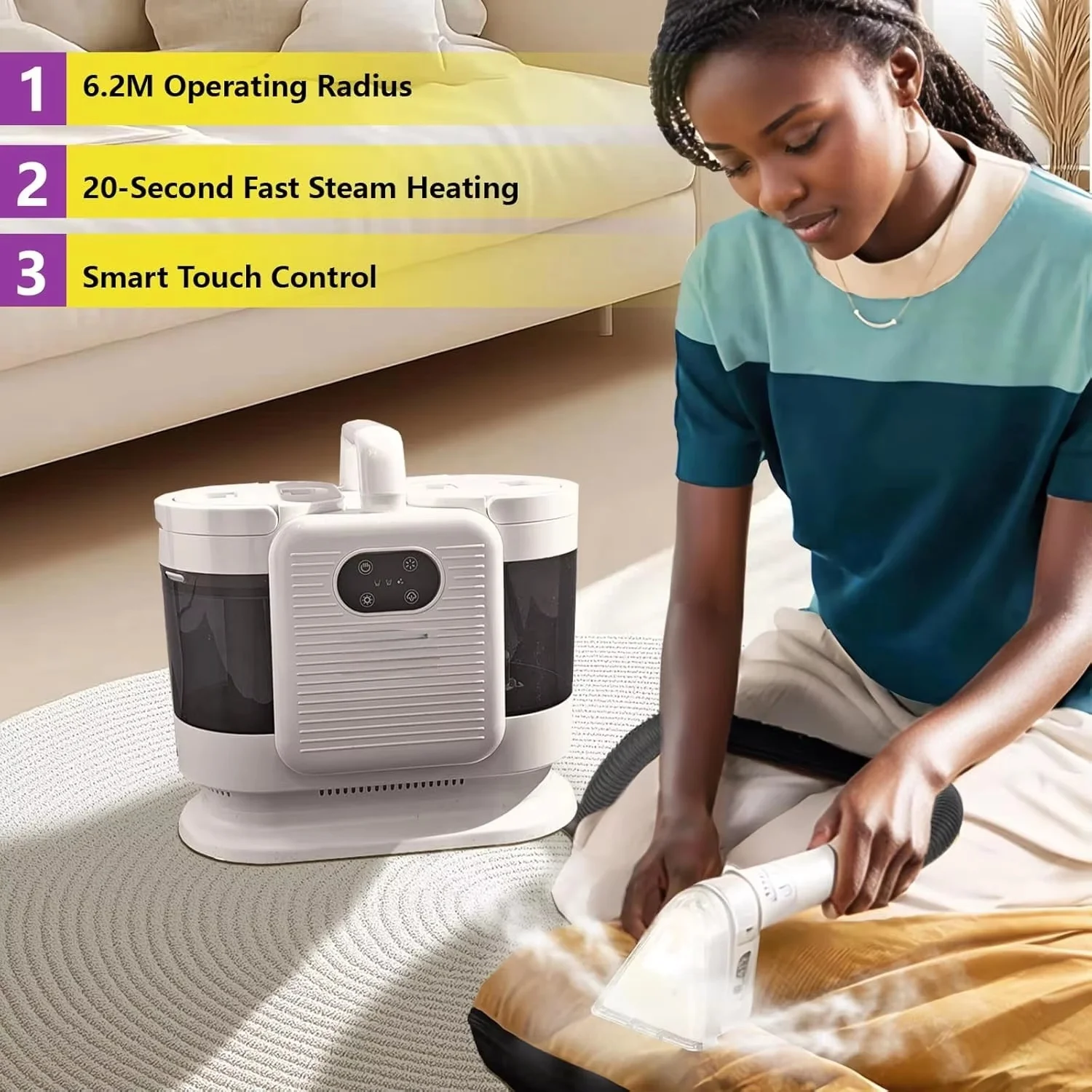 Portable Carpet Cleaner Machine with 100℃ Steam & Deep Cleaning Suction, Handheld Spot Cleaner for Pets, Car Seats, Couch - Touc