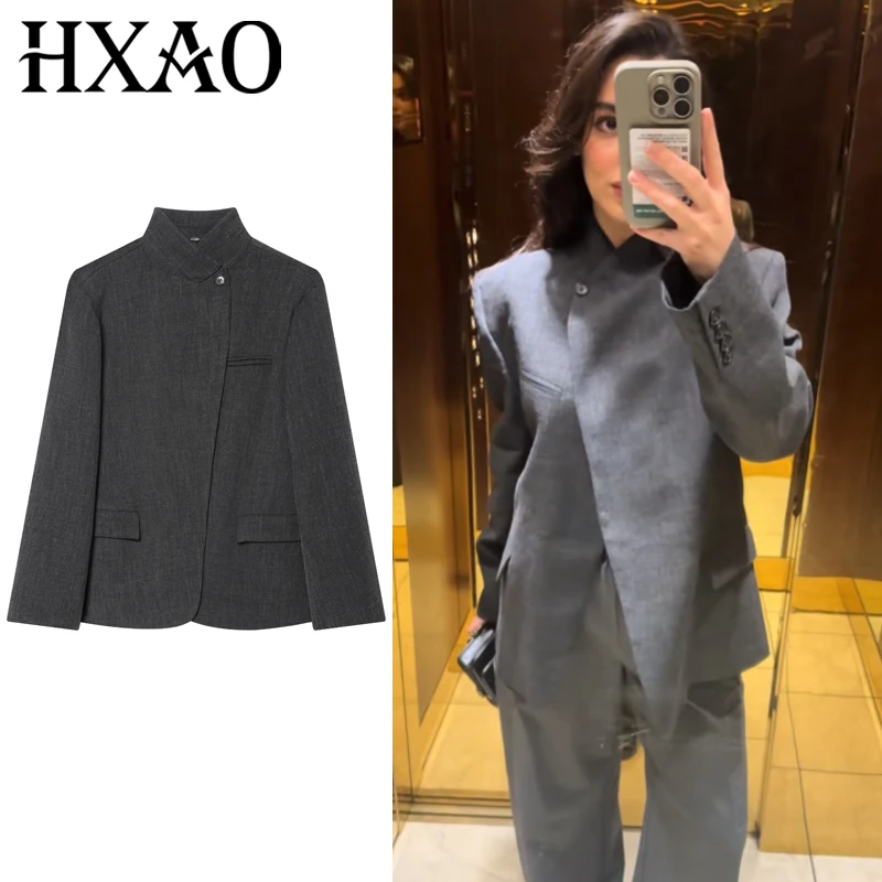 HXAO Woman 2025 Asymmetric Dark Grey Blazer Woman Autumn Women's Blazer Crop Long Sleeve Fitted Jacket Korean Popular Outerwears