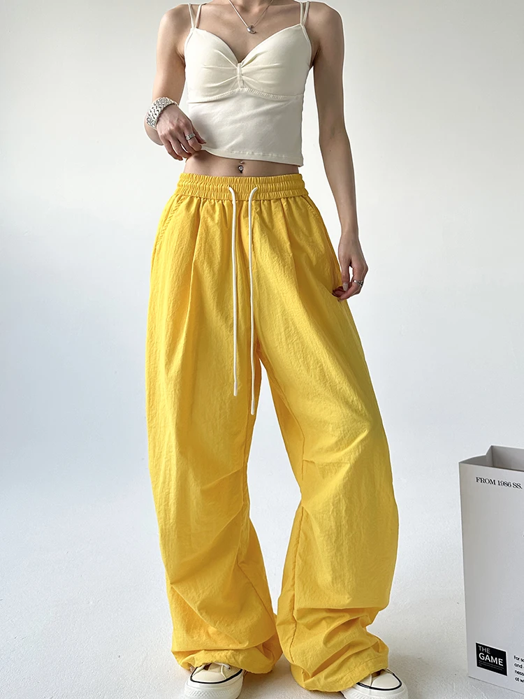 Dopne Yellow High Waist Wide Leg Women's Work Pants Summer Qui Dry Sports Trousers American Sle Commute Wind Long Pants