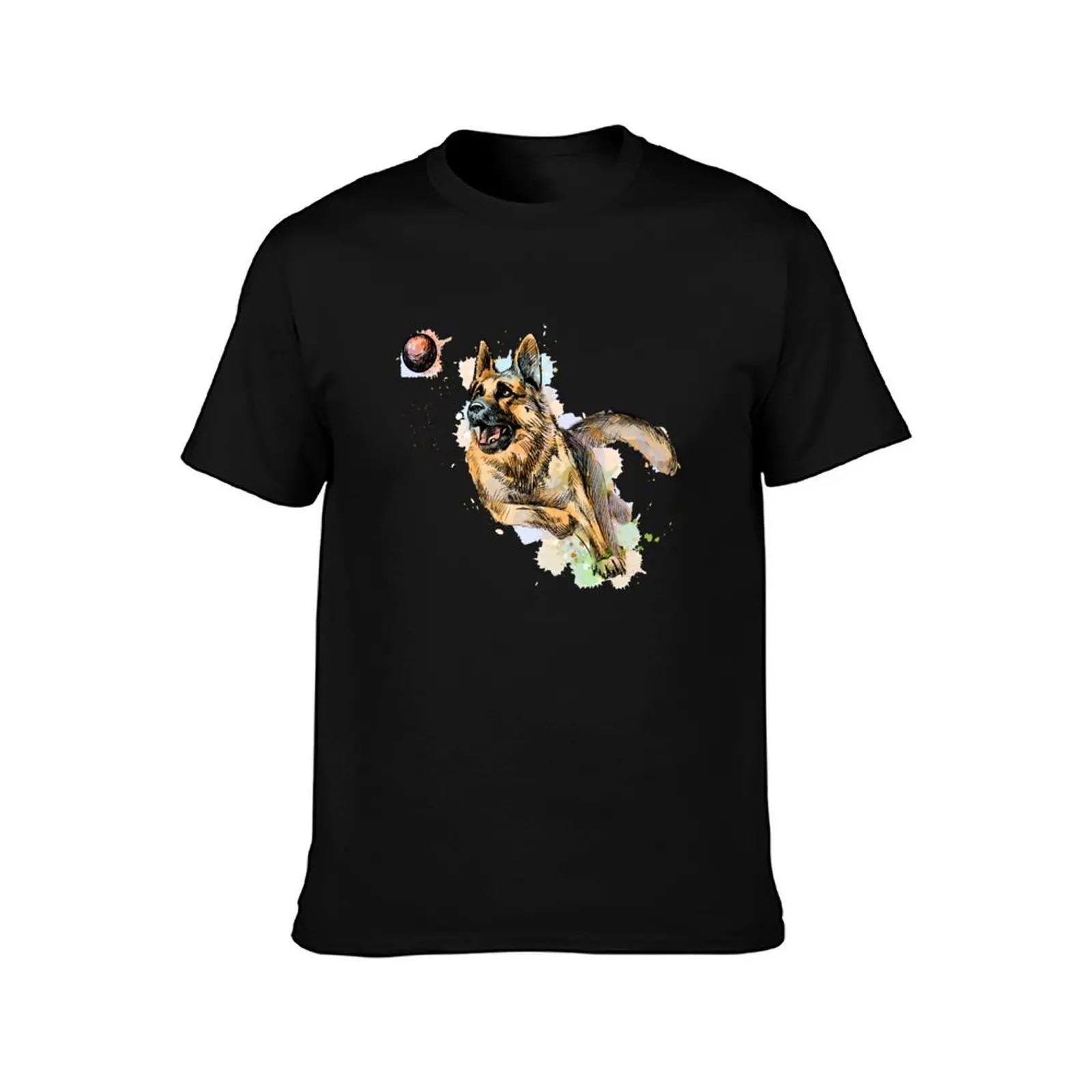 German shepherd dog playing and catching a ball from a splash T-Shirt shirts graphic tee men tshirt