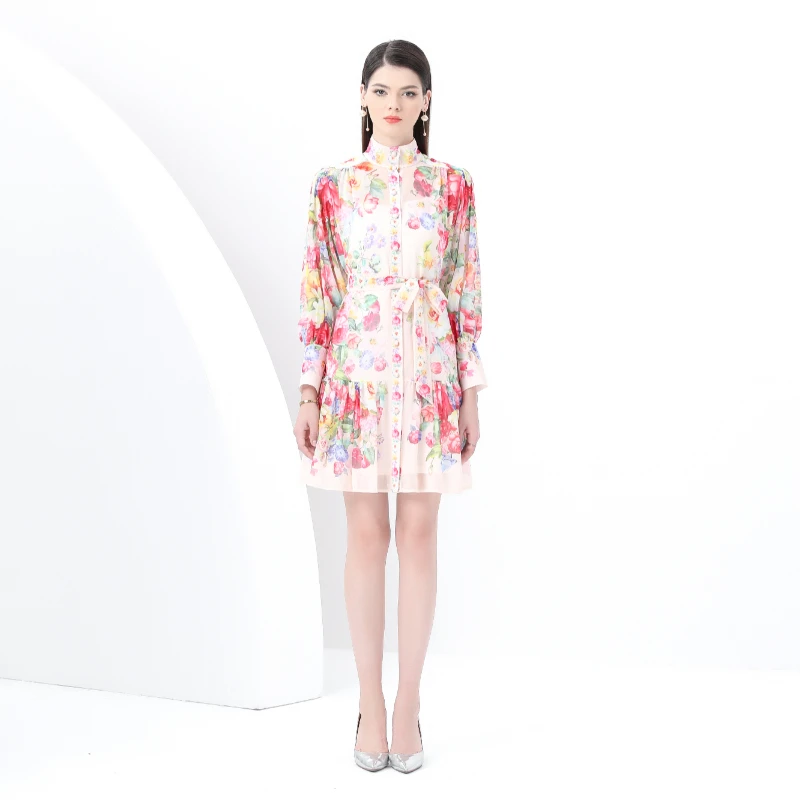 

2025 Early Spring - Vintage Style Stand Collar Sleeve Wave Short Printed Dress Two-Piece Set