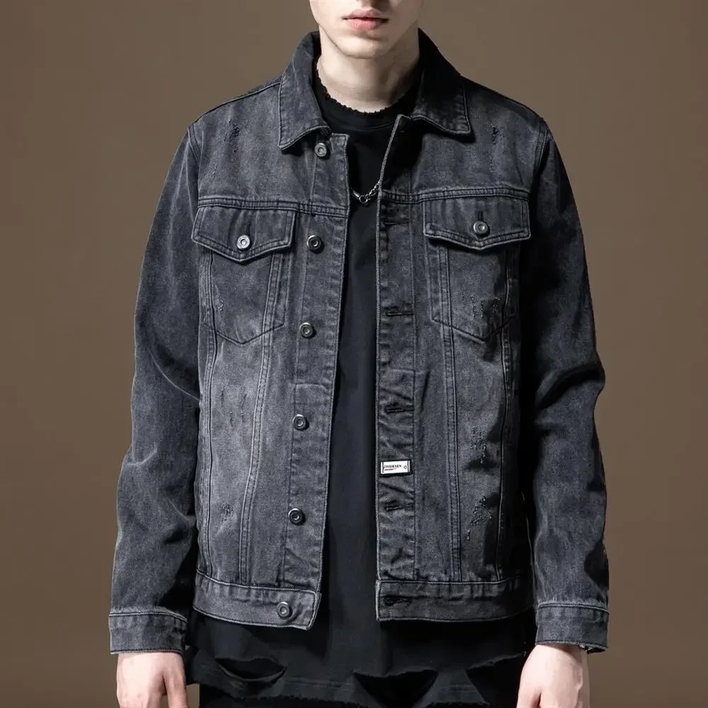 Jeans Coat for Men Autumn Black Denim Jackets Man with Embroidery on Board Vintage Y2k Rock G Casual Fast Delvery High Quality