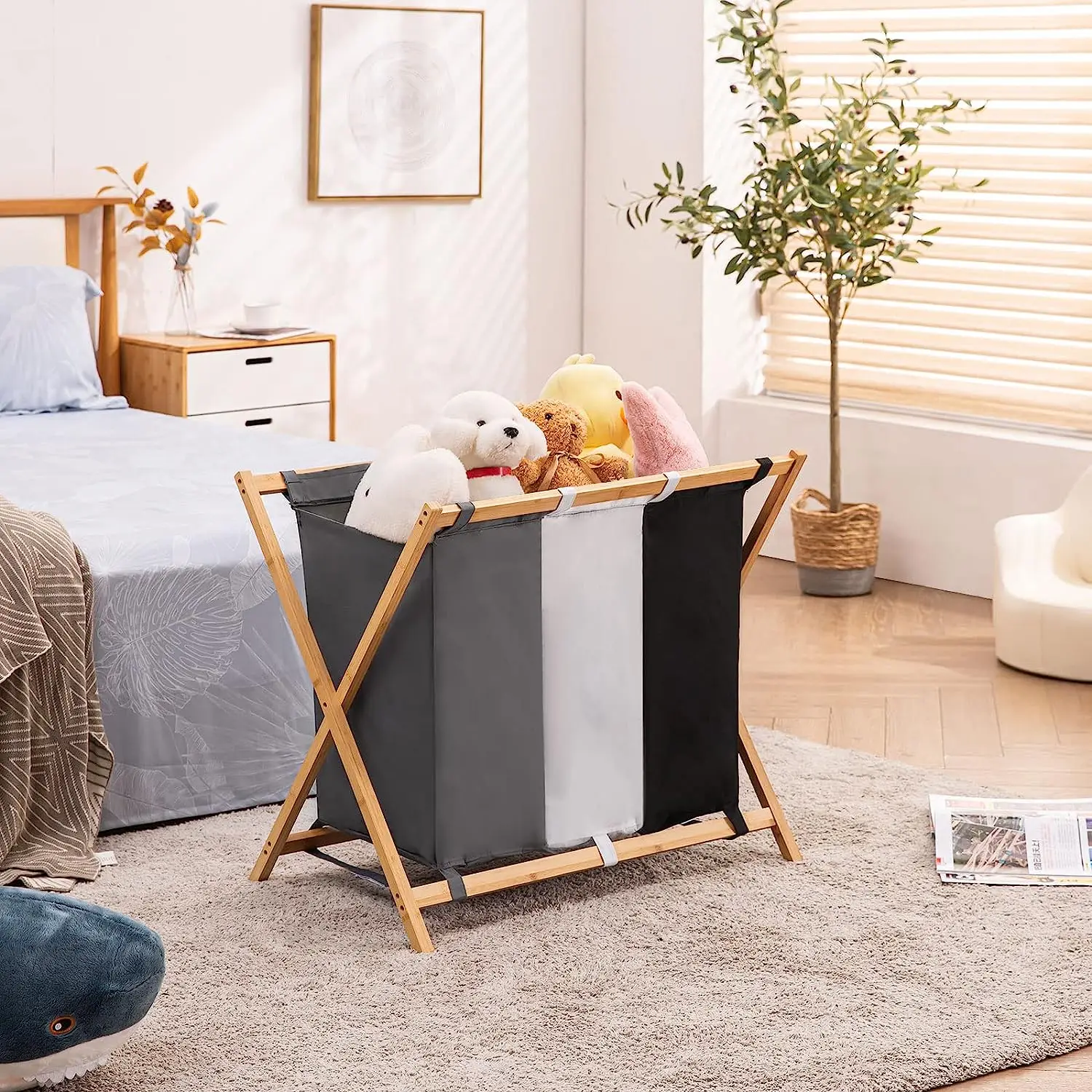 ！@Combohome X-Shape Bamboo Frame Laundry Basket 3 Compartments Collapsible Laundry Bag Dirty Laundry Sorter Basket Hamper