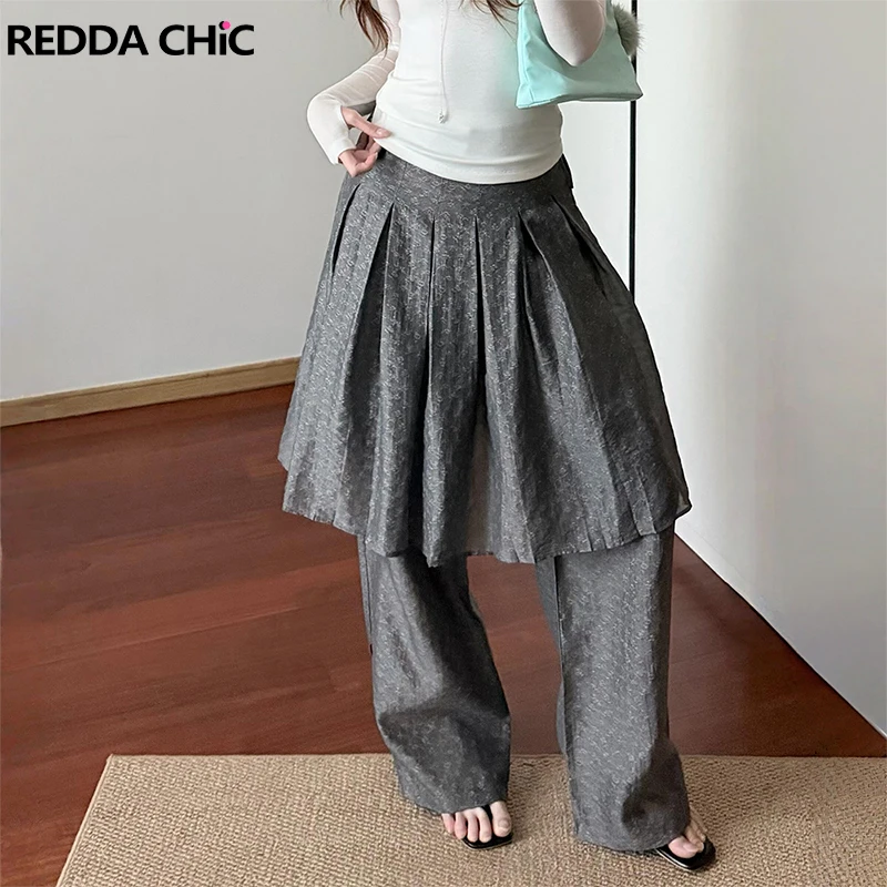 ReddaChic Pleat Skirt Overlay Women Trousers Summer Jacquard Wide Leg Strappy Breathable Wrap Pants Lounge Alternative Clothes