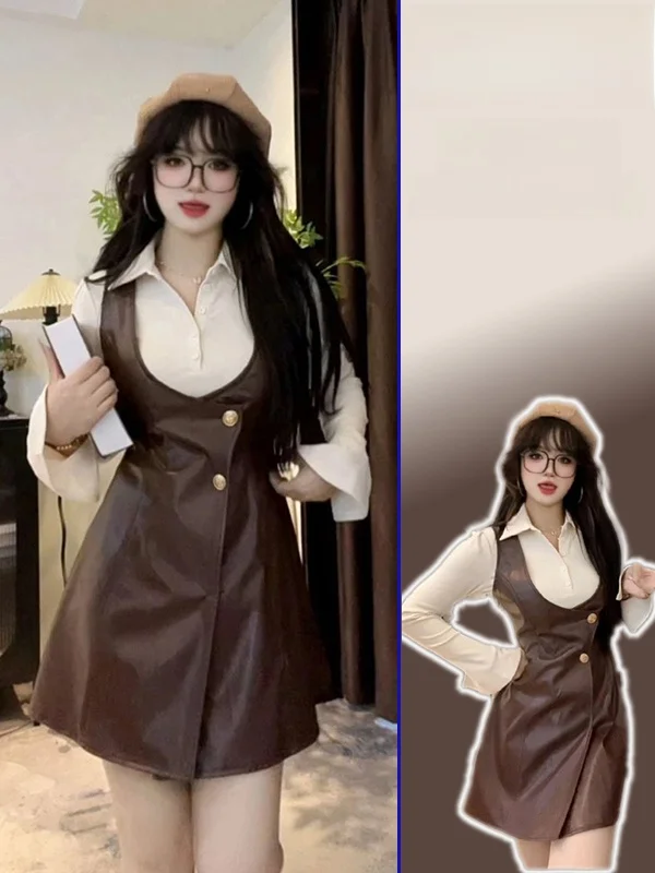 

plus Size Faionable Vest Dr Women's Slimming irt Two-Piece Set Winter Casual High Waist Pure Color American Sle