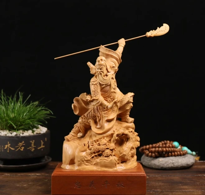 Small leaf boxwood carving Guan Yu ornaments, living room home decorations, solid wood carving of the God of Wealth, Guan Gong,