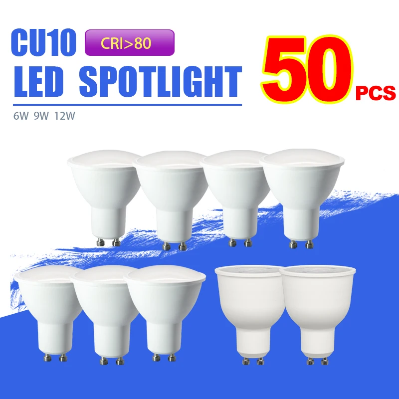 

50PCS GU10 Bulb lot Ra80+ Flicker-free LED Spot Light 6W 9W 12W Warm Lighting 3000K 4000K 6000K for Home deroc