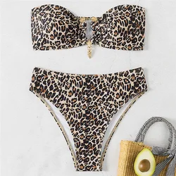 Leopard Print Swimwear Bandeau Bikinis Sets Sexy Swimsuit Women Metal Ring Wrinkled Bathing Suit Brazilian Bikini 2026 Mujer