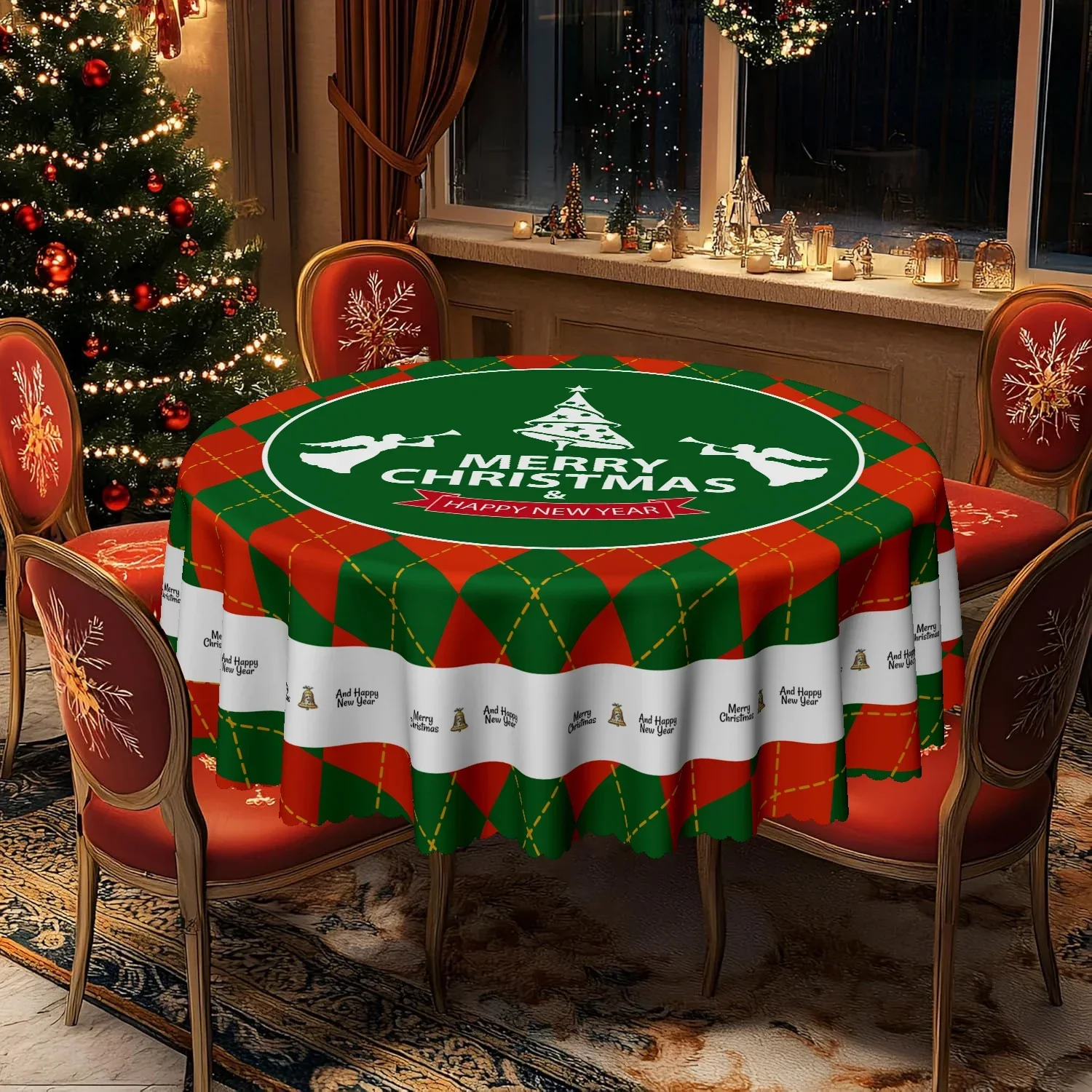 Festive Round Christmas Tablecloth - Red & Green Holiday Design with Merry Xmas Print, Tree & Angel Motif for Party Dining Decor