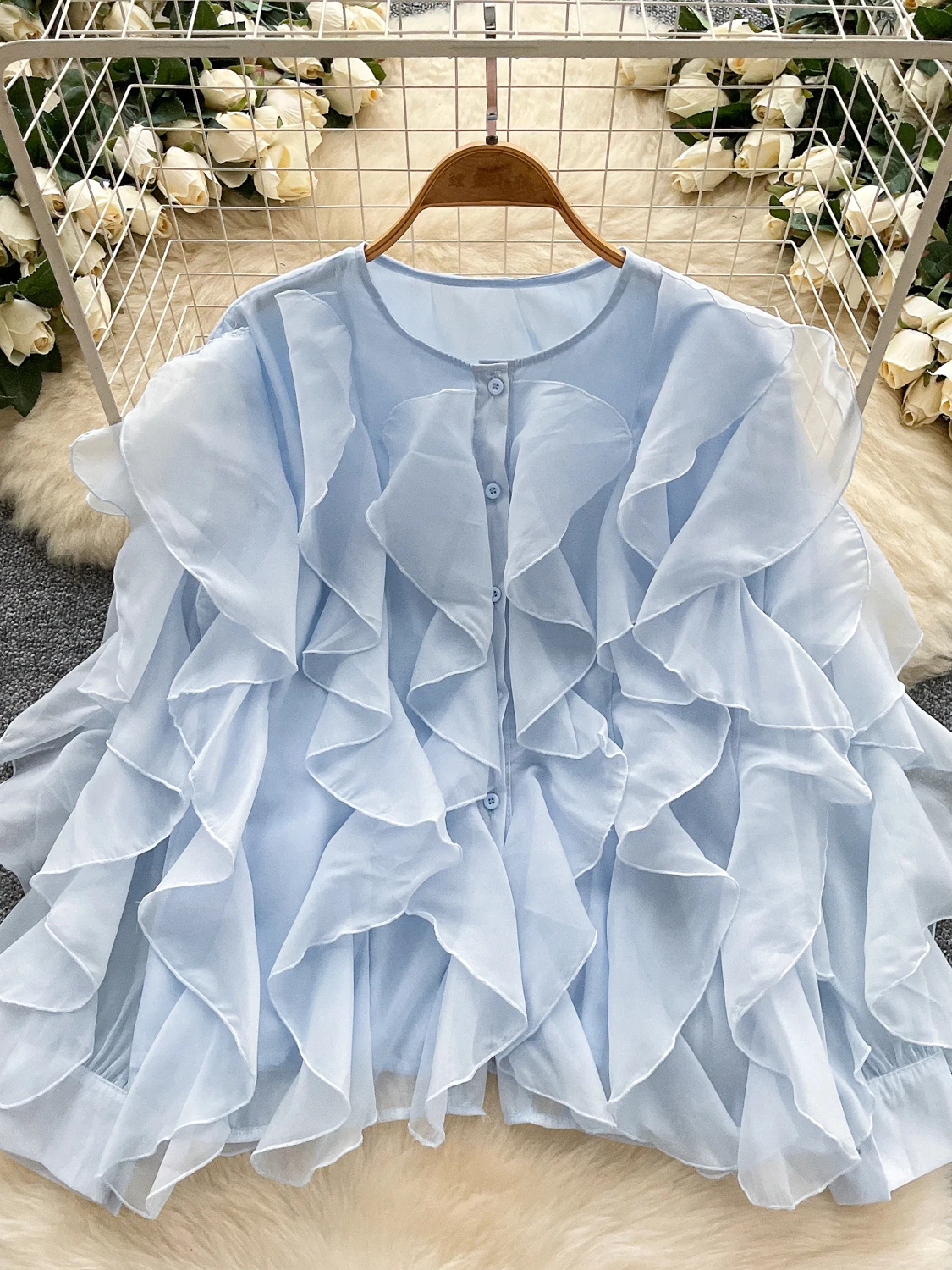 Faionable Camicetta da donna irt Lantern Sve Orlo irregolare Finiture in pizzo Corte Sle Collezione autunnale 2025 Delicata sulla pelle...