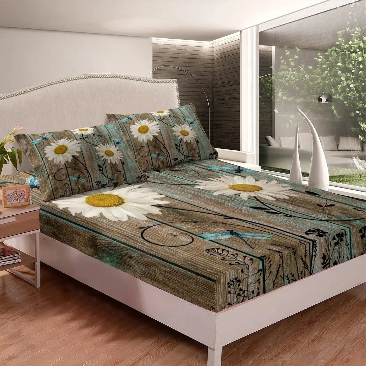 Daisy Dragonfly Fitted Sheet Rustic Wooden Flower Dragonfly Bedding Set Spring Nature Floral Botanical Bedding Set 2 PillowCases