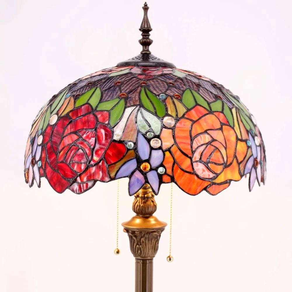 Floor Lamp Red Yellow Rose Stained Glass Standing Reading Light  Antique Pole Corner Lamp Decor Bedroom Living Room Home