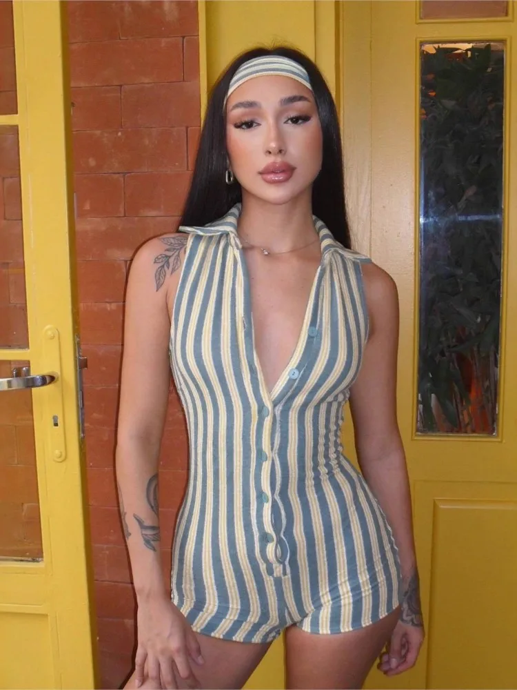 

Women's Clothing Jumpsuit Sexy Casual Bodycon Slim Sleeveless Jumpsuits For Woman V-link Striped Contrast Temperament Sleeveless